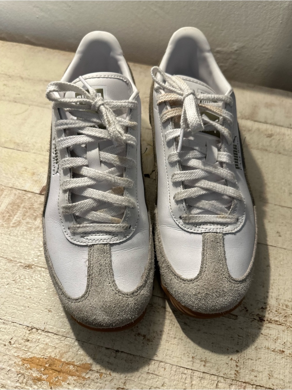 Puma Men's White Leather Sneakers with Gray Suede Toe